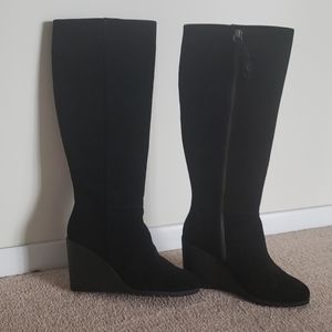 NEW, Black Suede, 4 inch Wedge, Knee High Boots.